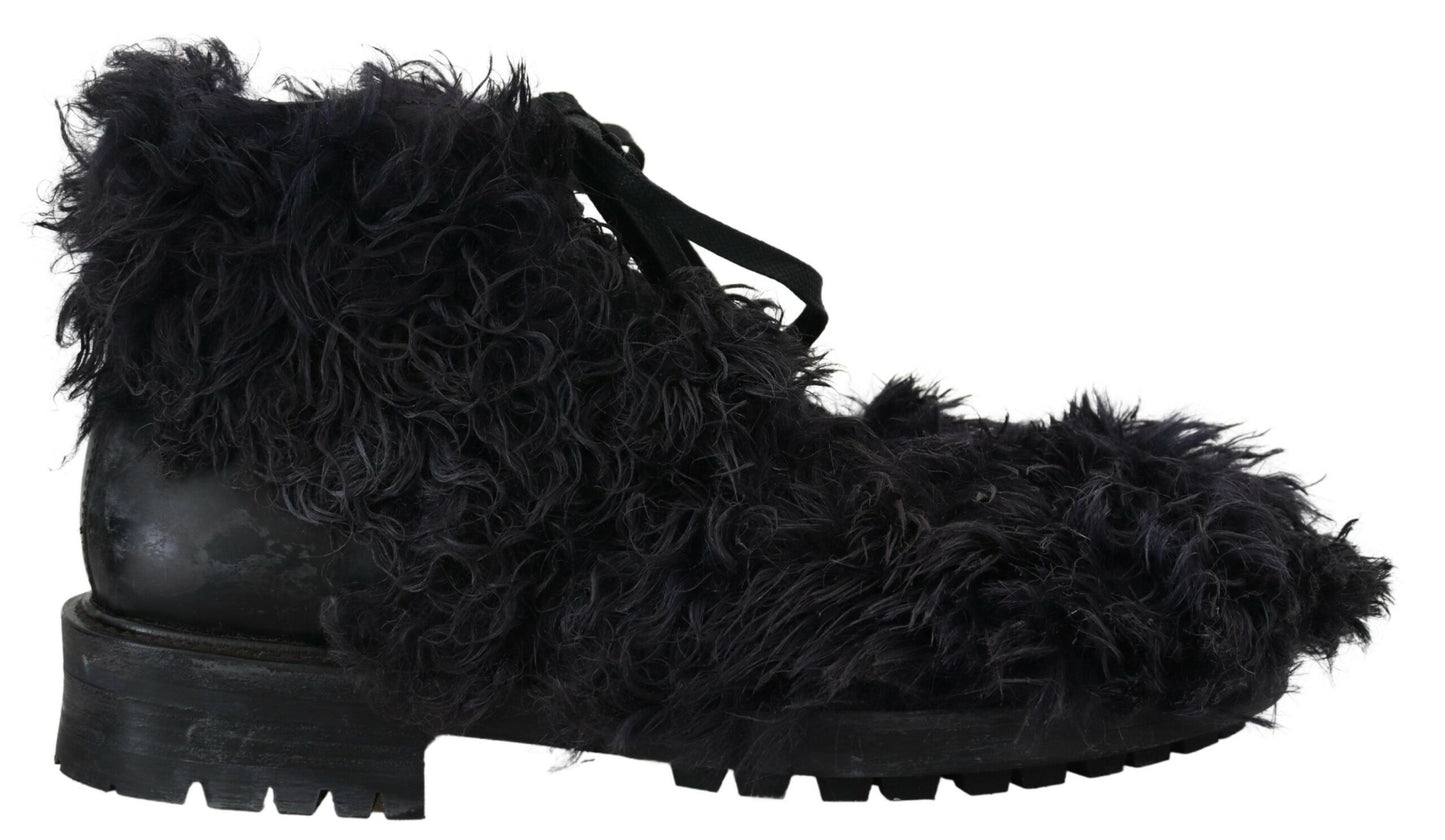 Dolce & Gabbana Schwarz Leder Combat Shearling Stiefel Schuhe