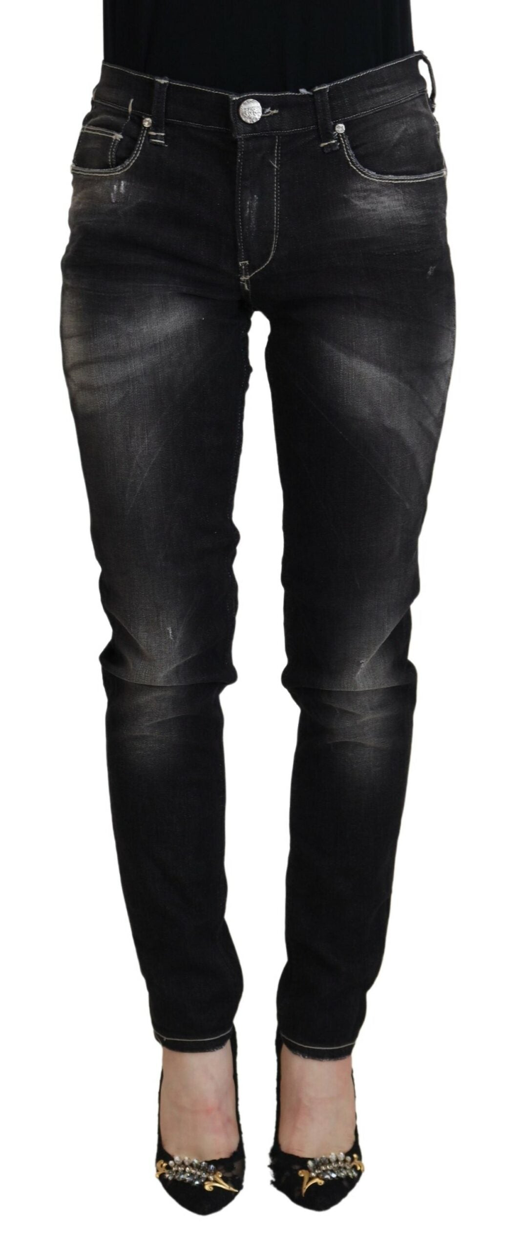 Acht Schwarz gewaschene Mid Waist Tapered Damen Casual Denim Jeans