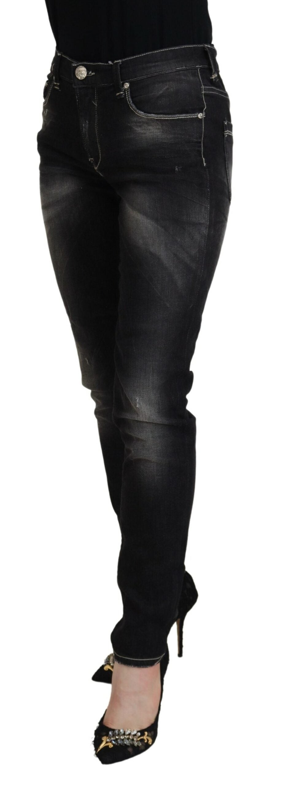 Acht Schwarz gewaschene Mid Waist Tapered Damen Casual Denim Jeans