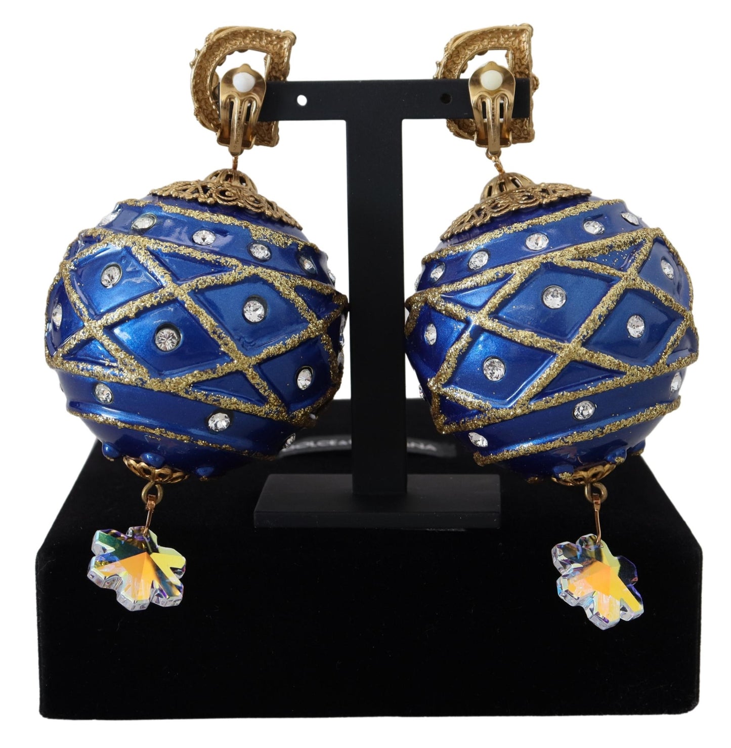 Dolce & Gabbana Gold Messing Blau Dangle Ball Crystal Clip On Ohrringe
