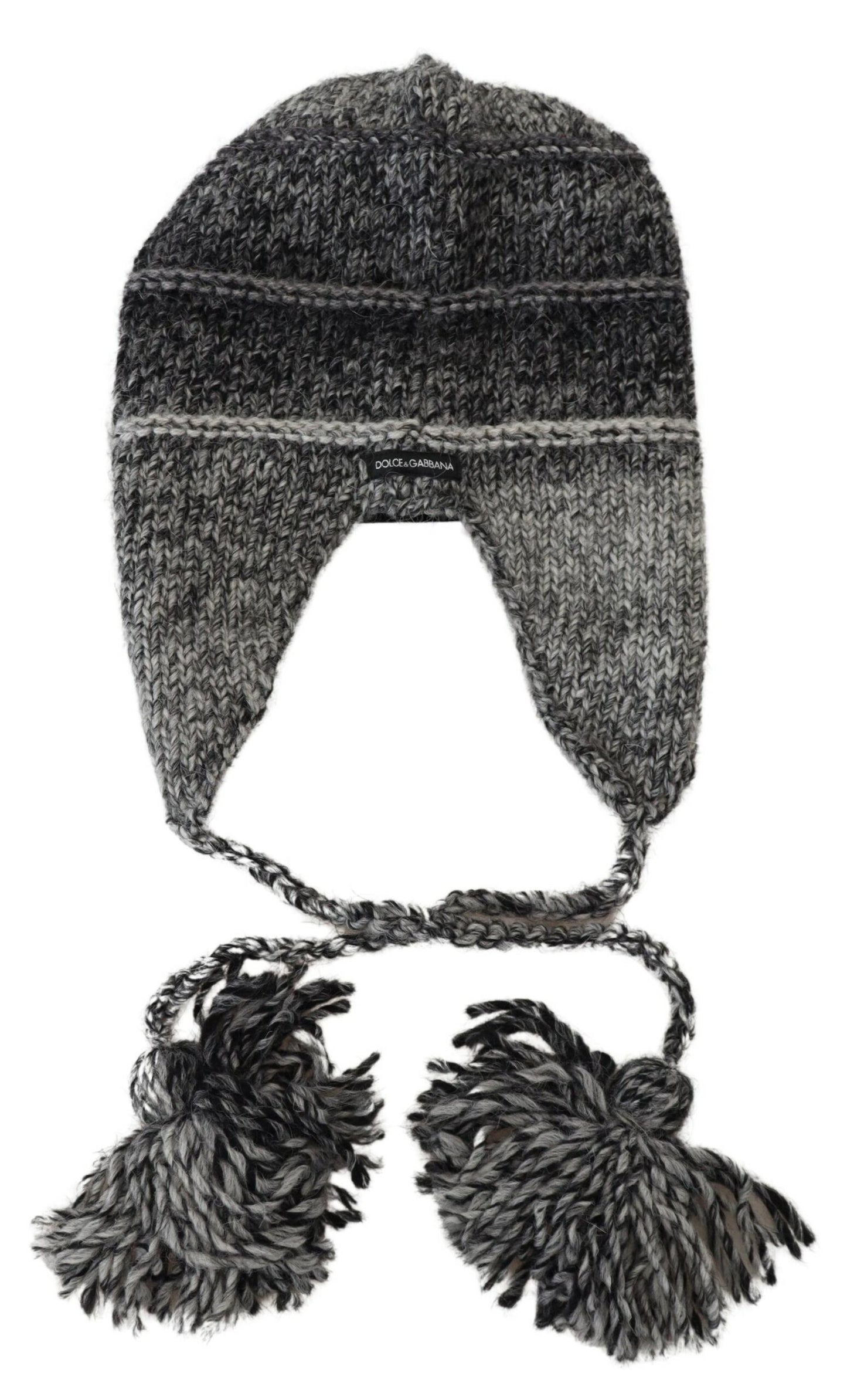 Dolce & Gabbana Graue Warme Fleece Ohrenklappen Strickmütze Beanie