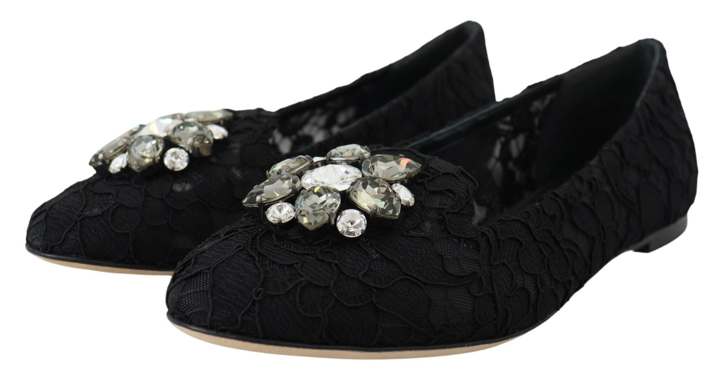 Dolce & Gabbana Schwarz Taormina Spitze Kristalle Flats Schuhe