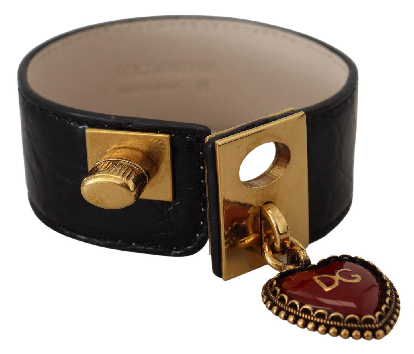 Dolce & Gabbana Schwarzes Dauphine Leder DG Herz Schlüsselanhänger Armband