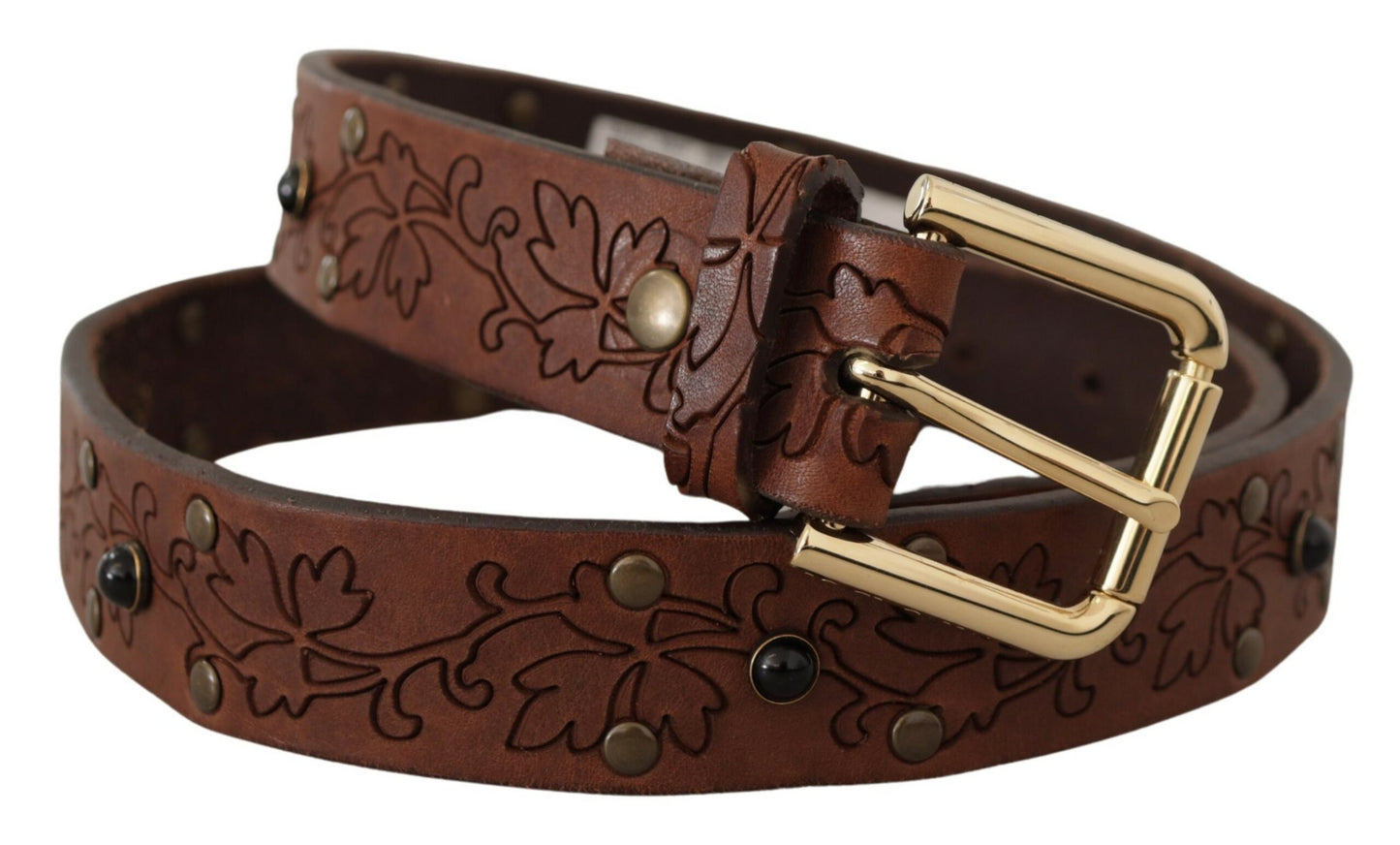 Dolce & Gabbana Brauner Leder Gürtel mit floraler Metallschnalle und Nieten