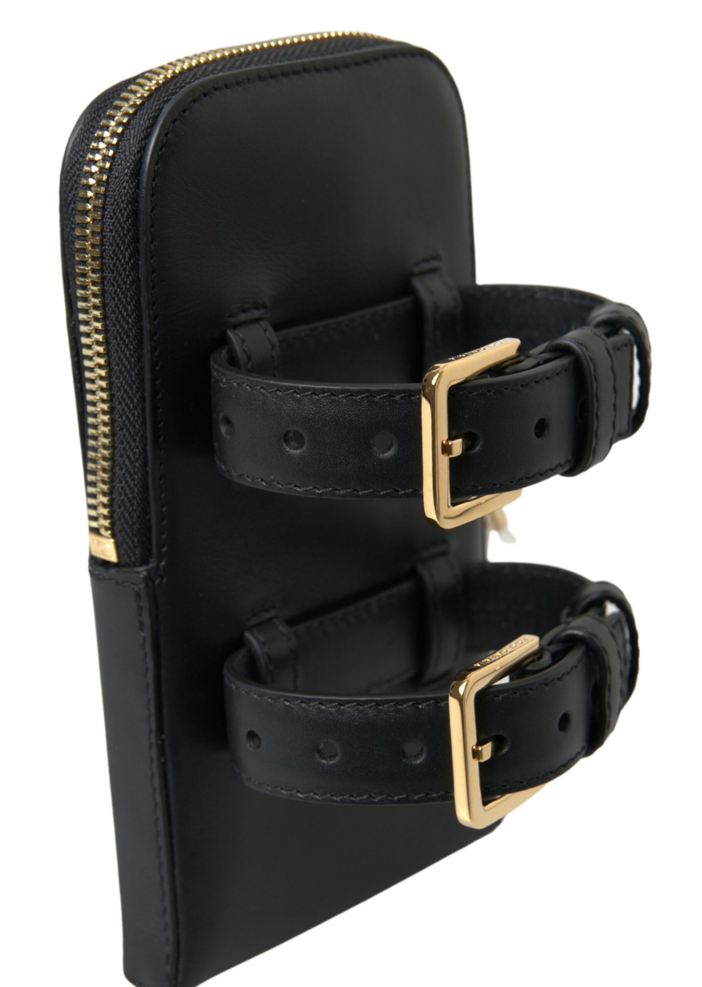 Dolce & Gabbana Schwarzes Leder Männer Geldbörse Double Belt Strap Armband Tasche