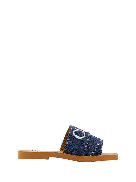 Chloé Üppige Cotton Woody Slide Sandalen in Denim Blau