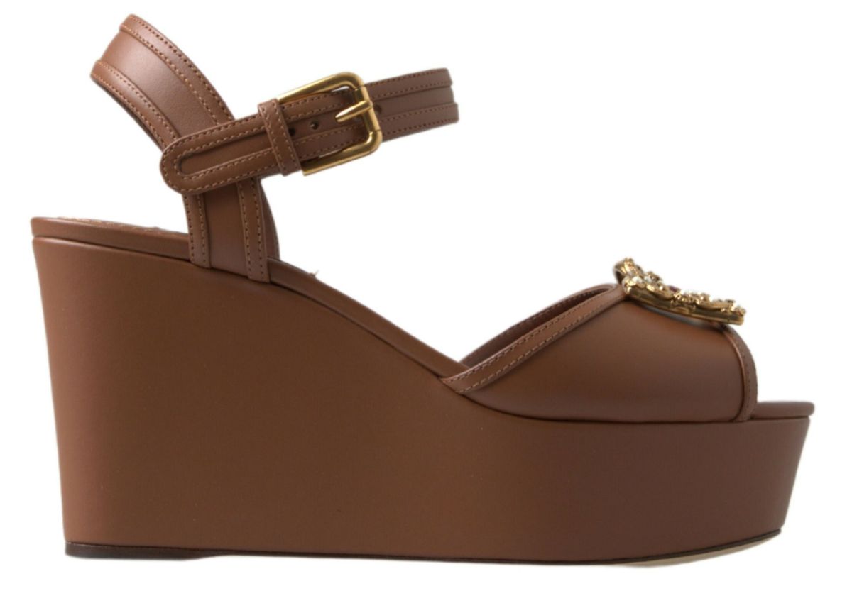 Dolce & Gabbana Braunes Leder AMORE Wedges Sandalen Schuhe