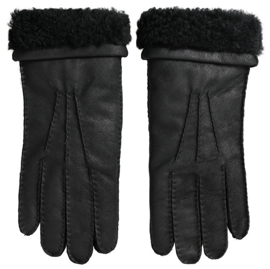Dolce & Gabbana Schwarzes Leder Fell Kurze Hände Fäustlinge Männer Handschuhe