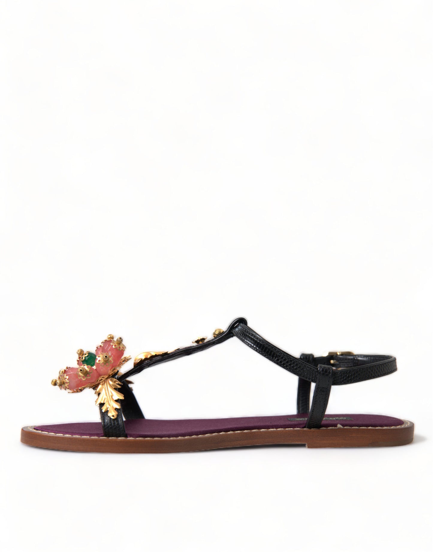 Dolce & Gabbana Schwarz Kristall Gold Sandalen Leder Schuhe