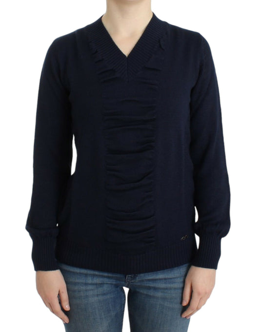 Costume National Dunkelblauer Wollpullover mit V-Ausschnitt