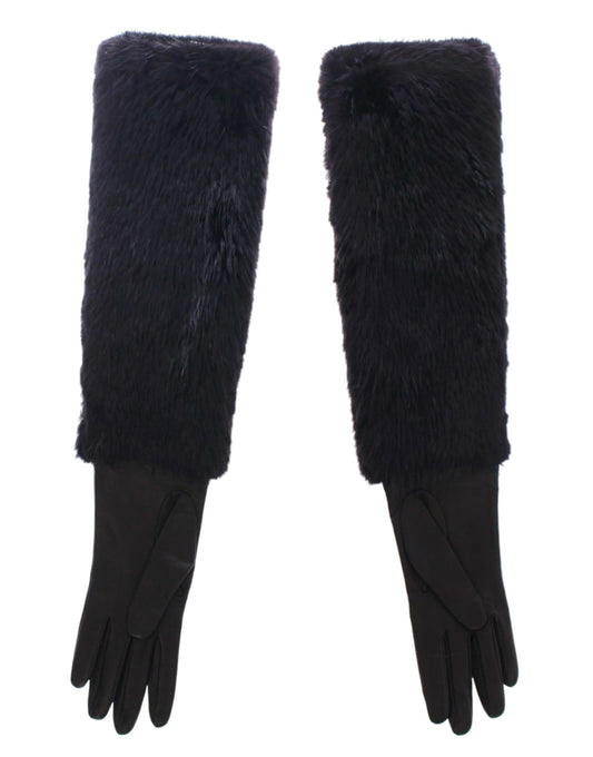 Dolce & Gabbana Schwarze Biberpelz-Lammfell-Leder-Ellbogenhandschuhe