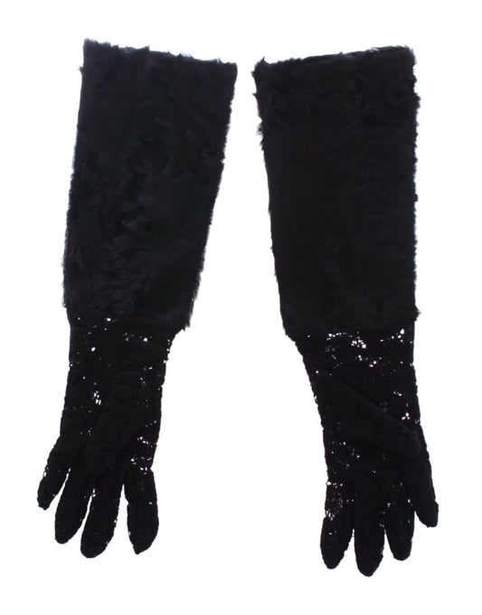 Dolce & Gabbana Schwarze Spitze Wolle Lammfell Pelz Ellenbogenhandschuhe