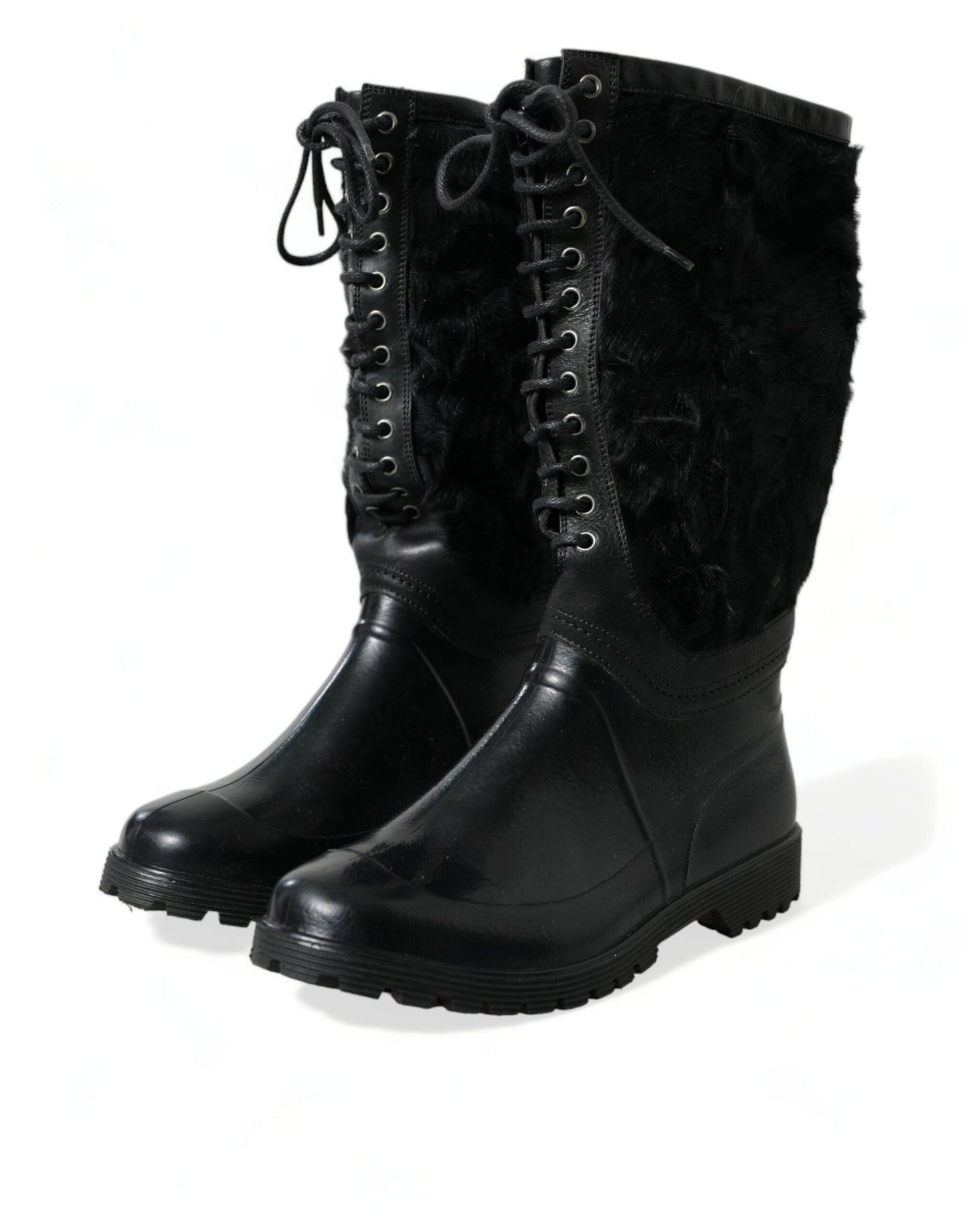 Dolce & Gabbana Schwarze Gummischnürsenkel Shearling Regenstiefel Schuhe
