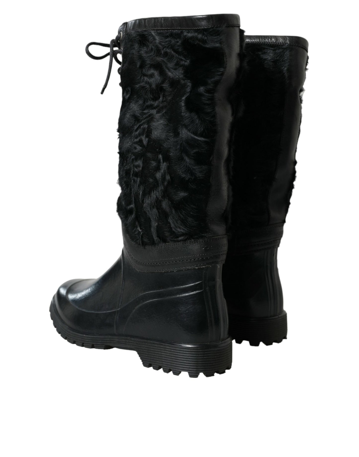 Dolce & Gabbana Schwarze Gummischnürsenkel Shearling Regenstiefel Schuhe