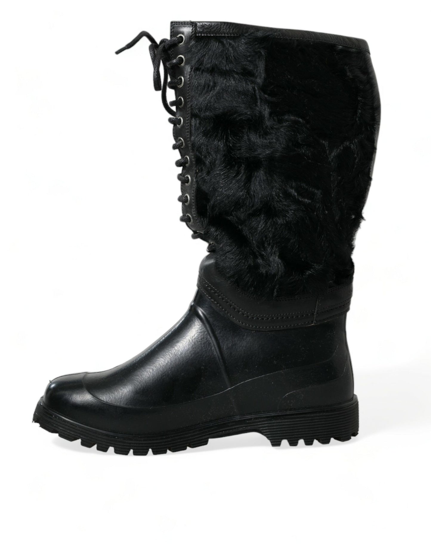 Dolce & Gabbana Schwarze Gummischnürsenkel Shearling Regenstiefel Schuhe