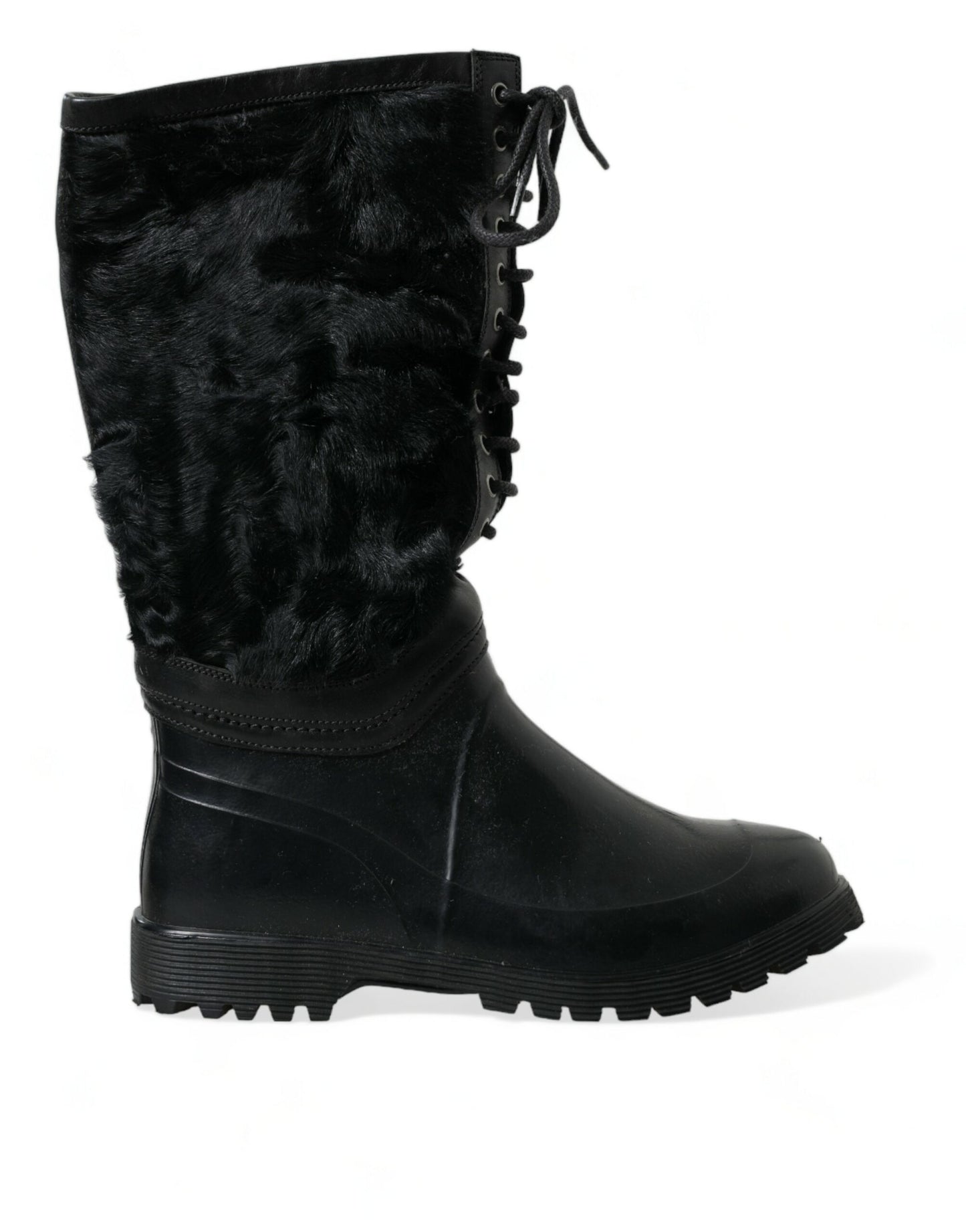 Dolce & Gabbana Schwarze Gummischnürsenkel Shearling Regenstiefel Schuhe
