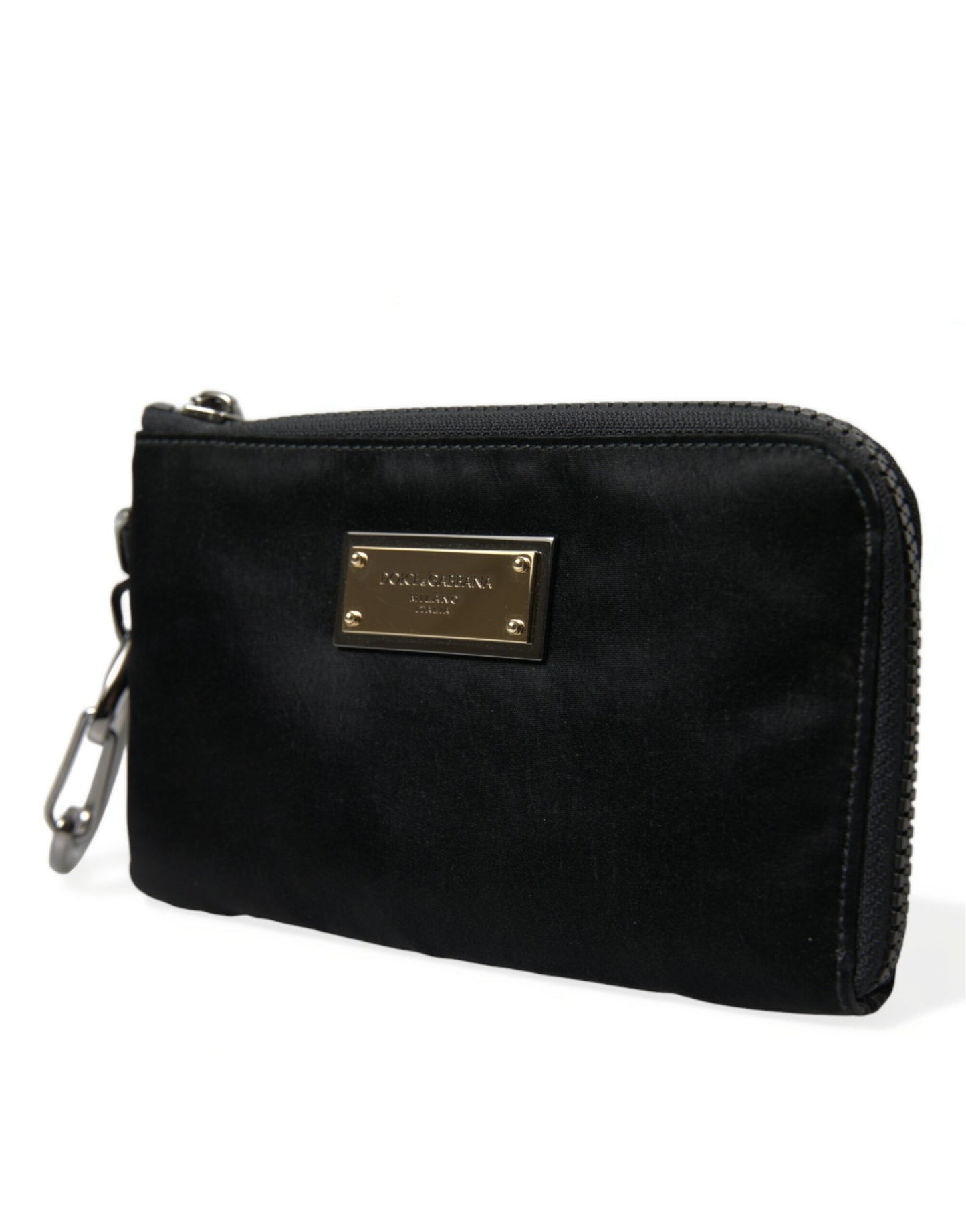 Dolce & Gabbana Schwarzes Nylon Logo Plaque Schlüsselanhänger Tasche Clutch