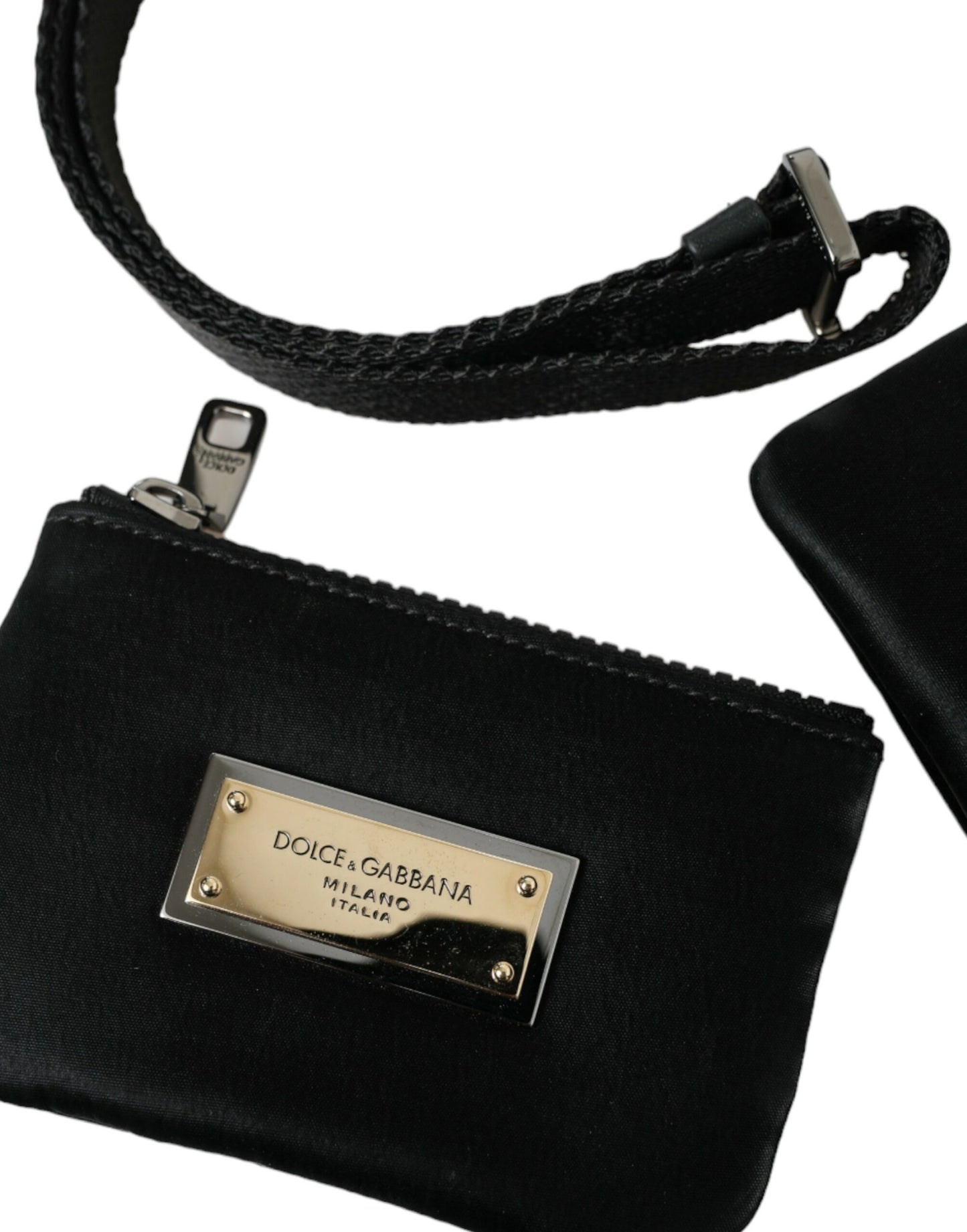 Dolce & Gabbana Schwarzes Nylon Logo Plaque Schlüsselanhänger Tasche Clutch