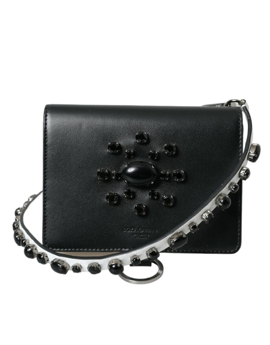 Dolce & Gabbana Schwarzes weißes Leder Crystal Embellished Cardholder Wallet