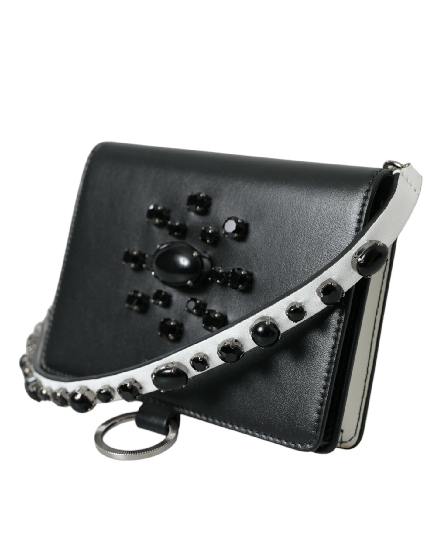Dolce & Gabbana Schwarzes weißes Leder Crystal Embellished Cardholder Wallet