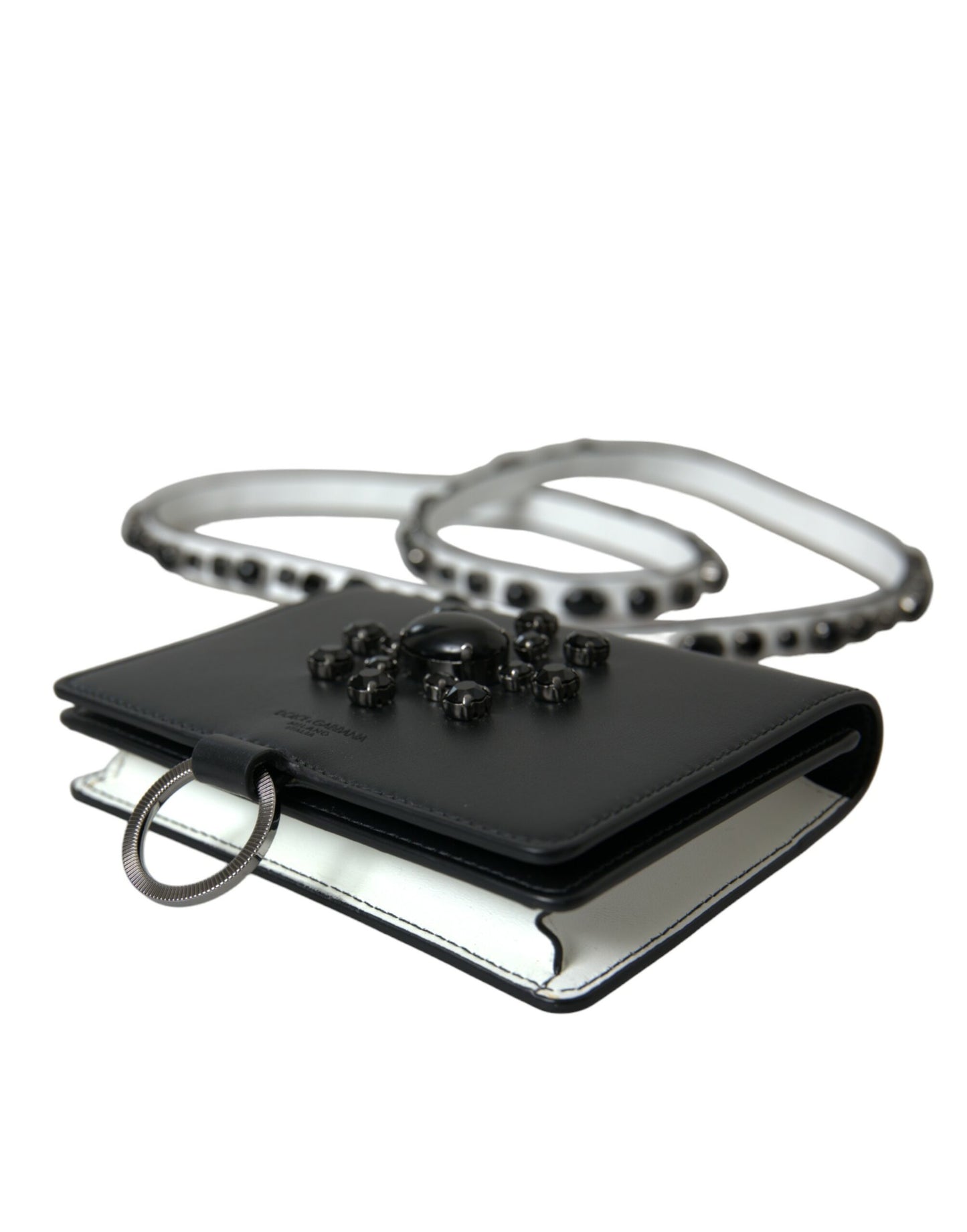 Dolce & Gabbana Schwarzes weißes Leder Crystal Embellished Cardholder Wallet