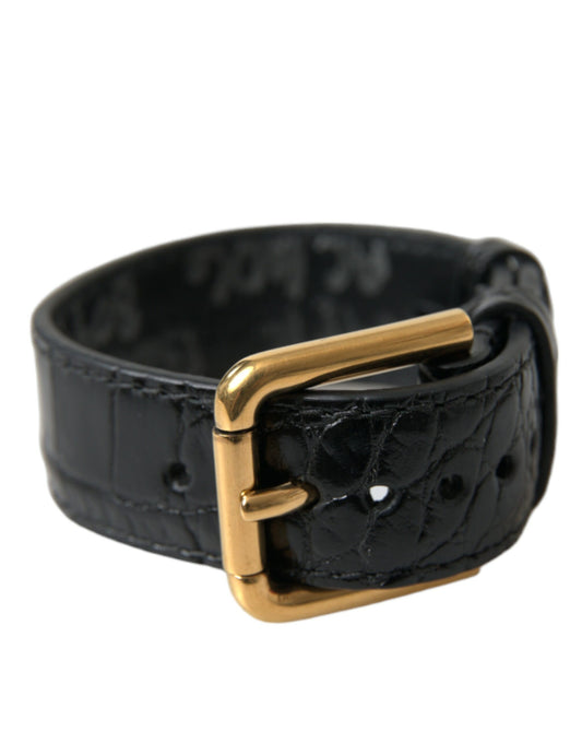 Dolce & Gabbana Schwarzes strukturiertes Leder mit goldfarbener Metallschnalle Armband