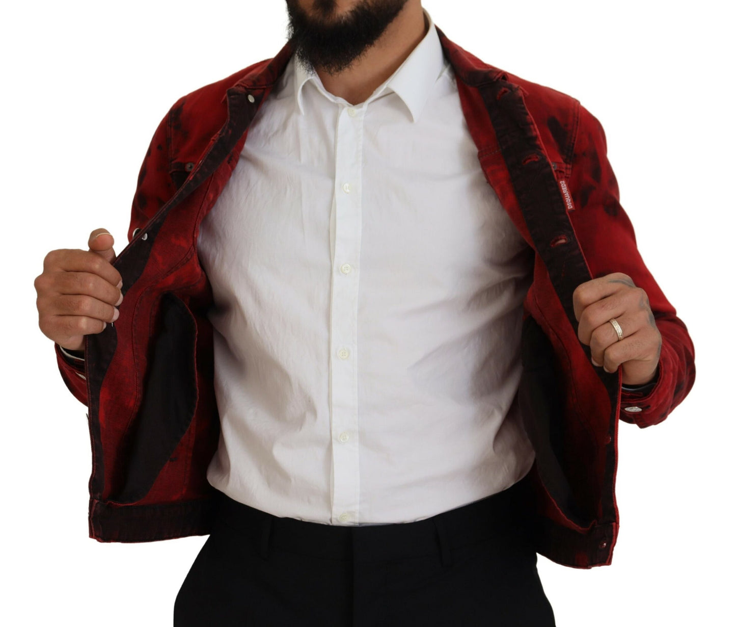 Dsquared² Rot Schwarz Krawatte Farbstoff Collared Männer Denim Jacke