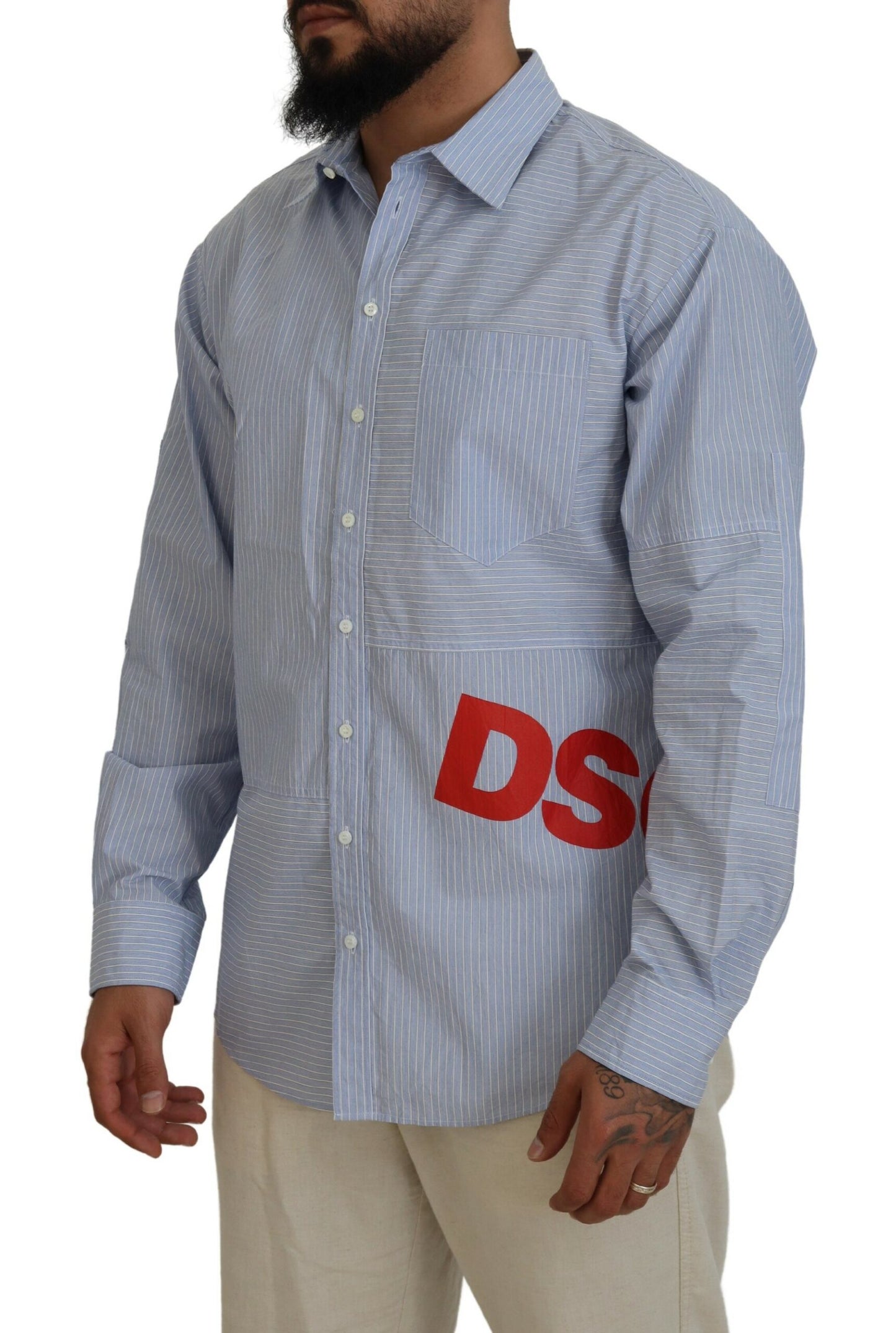 Dsquared² Blaue Streifen Logo-Print Langarmhemd Formal