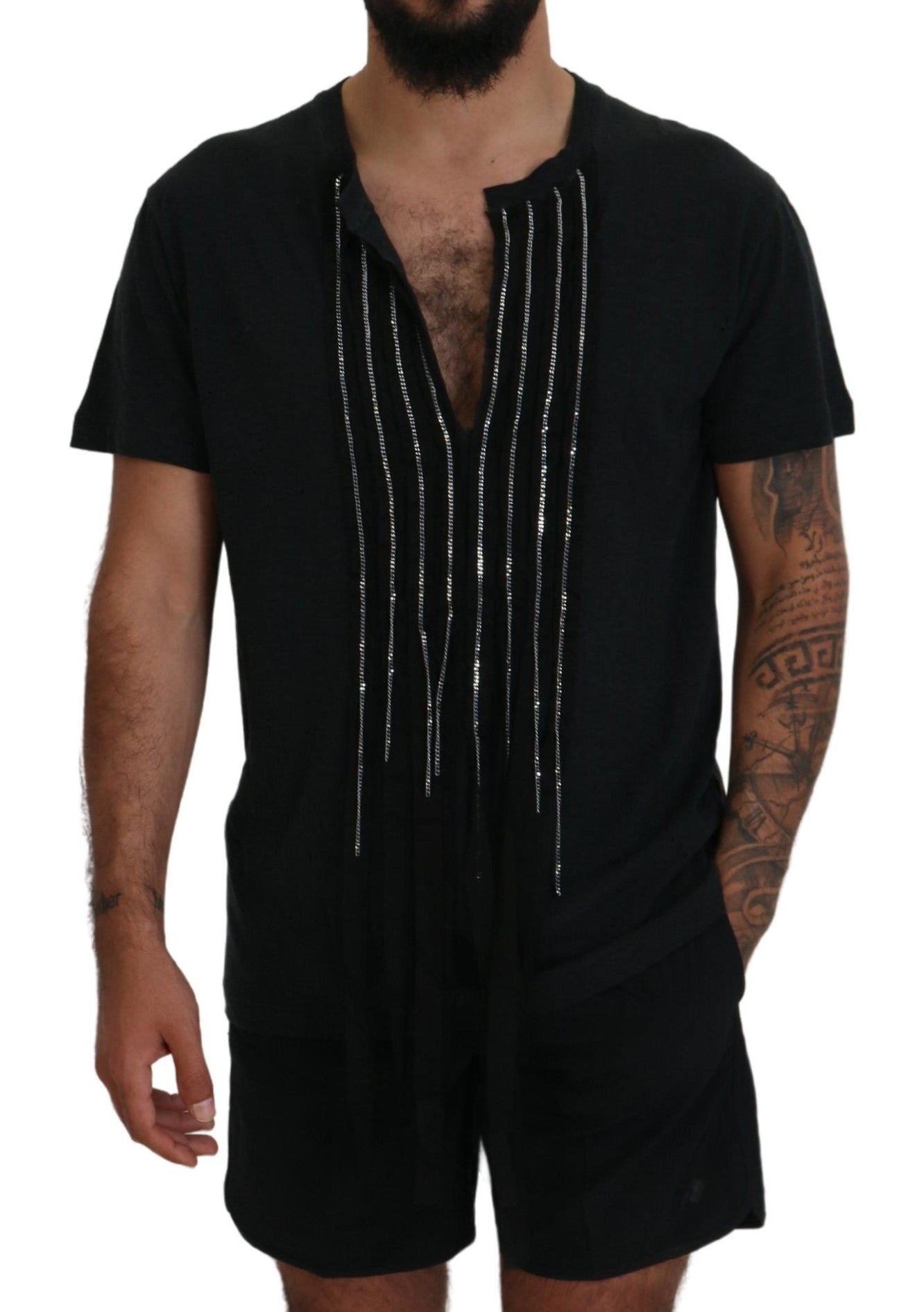 Dsquared² Schwarzes Kurzarm-T-Shirt aus Baumwolle mit Kettenverzierung