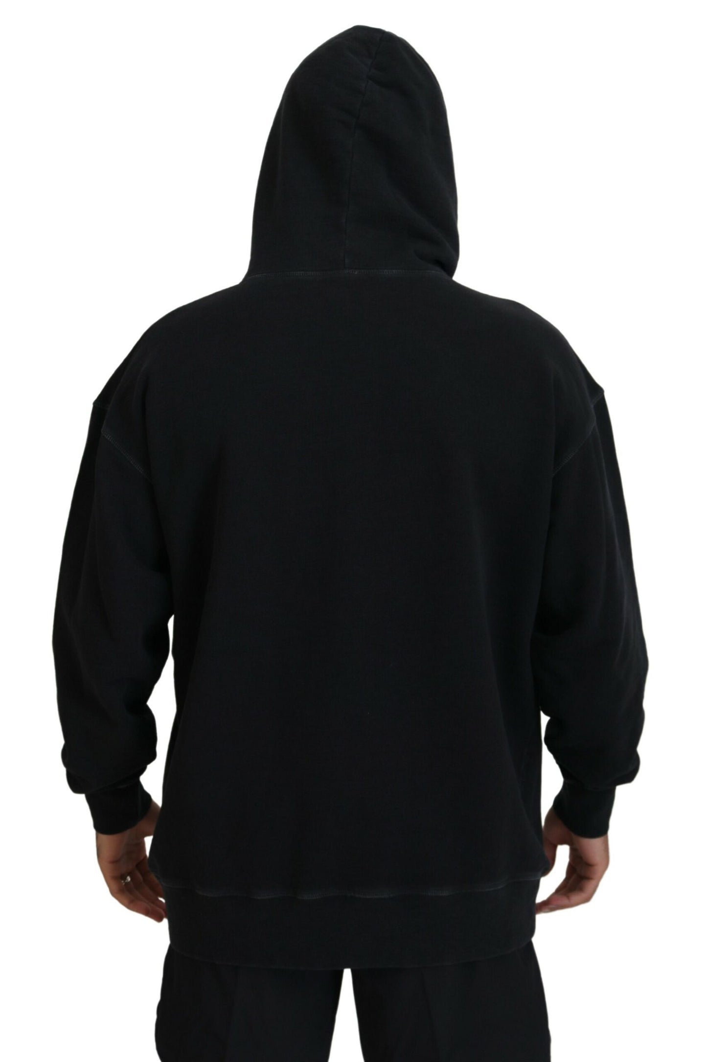 Dsquared² Schwarzer Baumwollpullover mit Kapuze, bedruckt, Herrenpullover