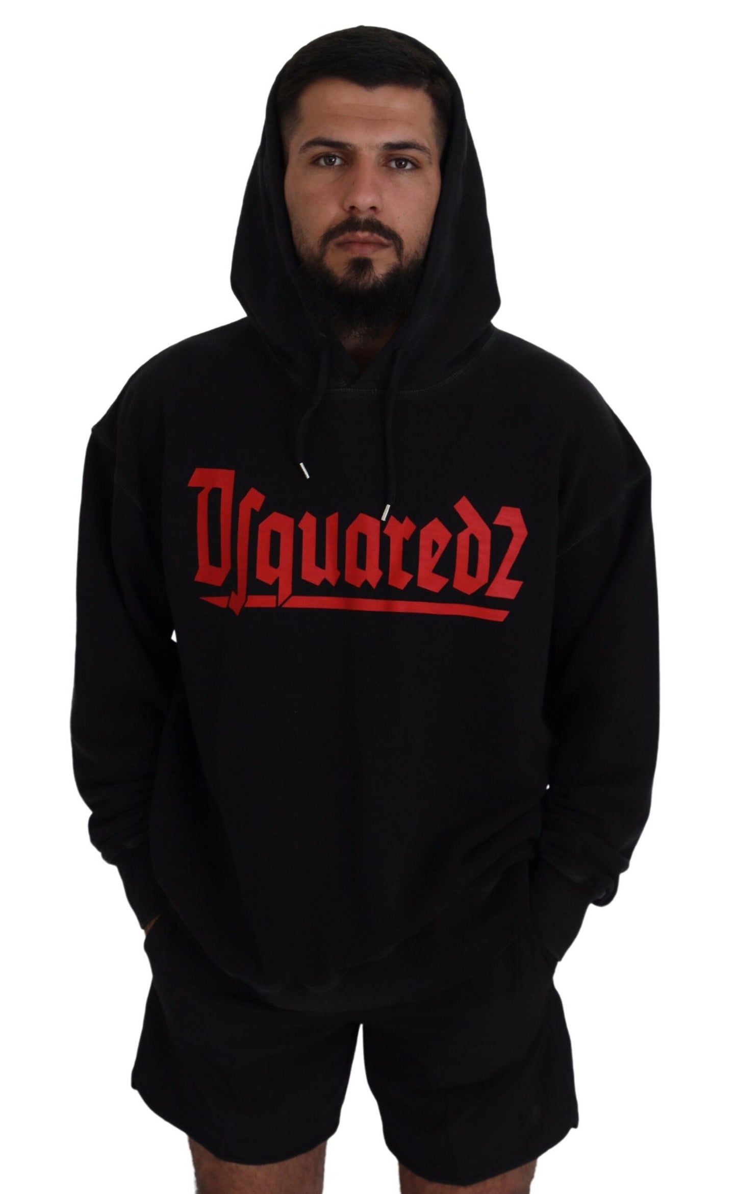 Dsquared² Schwarzer Baumwollpullover mit Kapuze, bedruckt, Herrenpullover