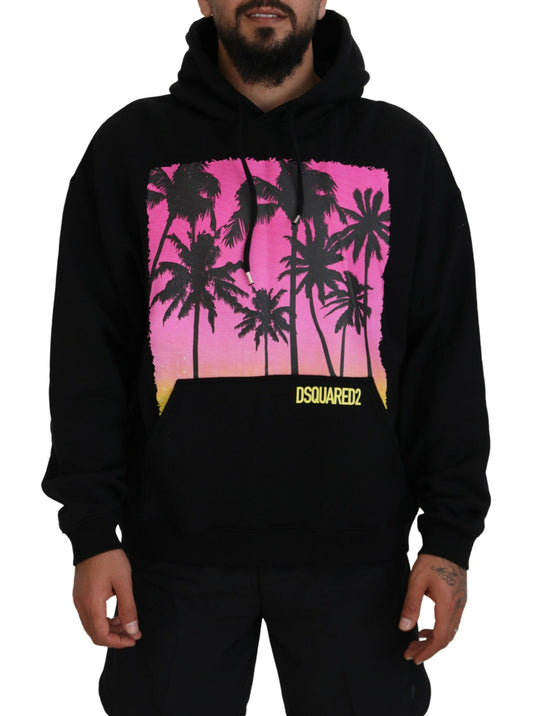 Dsquared² Schwarzer Baumwollpullover mit Kapuze, bedruckt, Herrenpullover