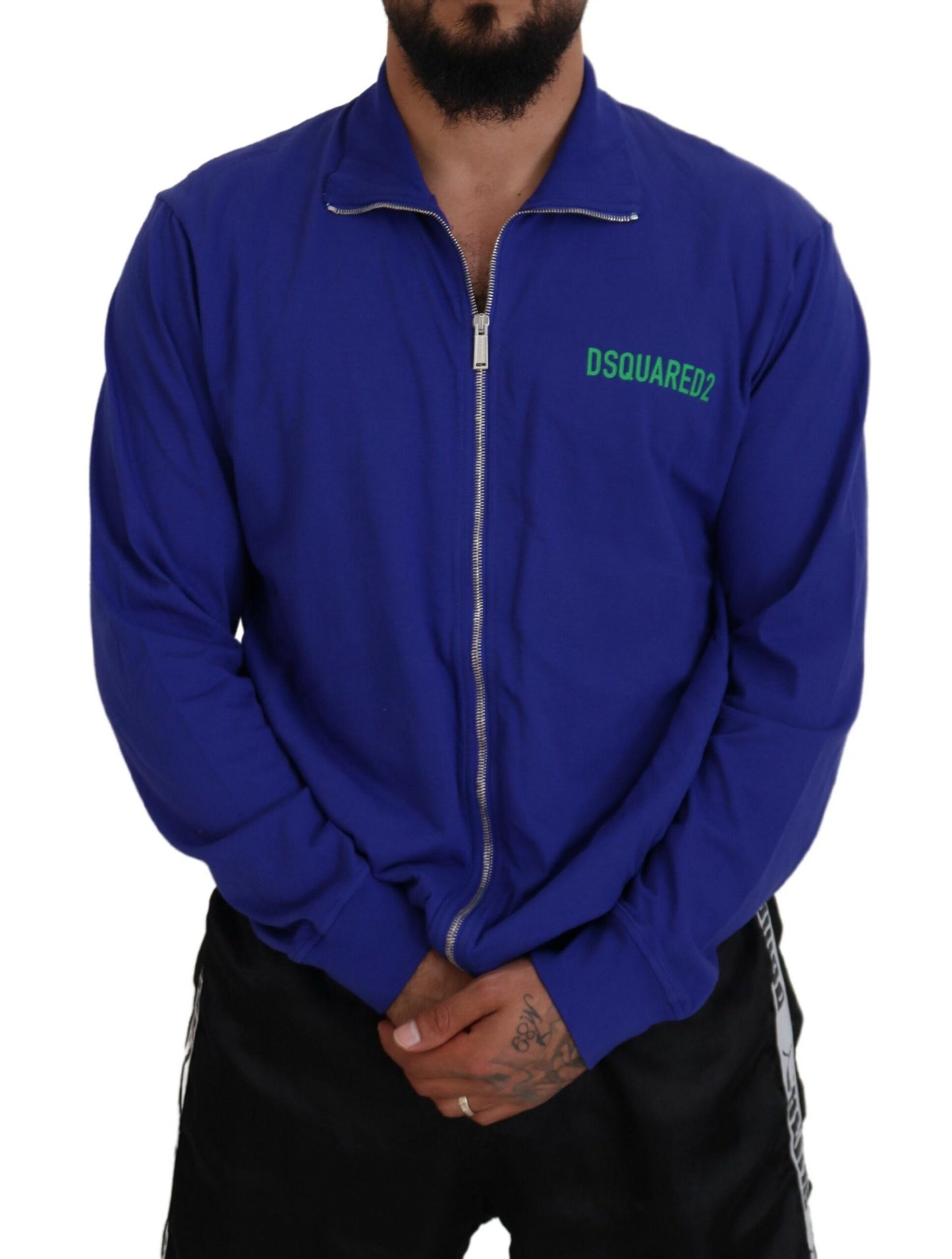 Dsquared² Blauer Baumwollpullover mit Kragen und durchgehendem Reißverschluss für Männer