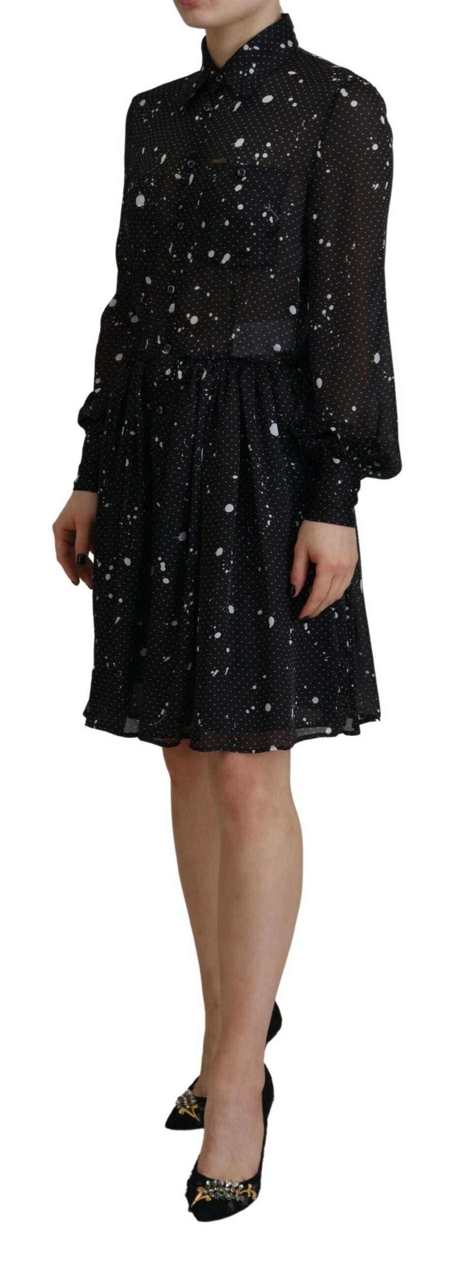 Dsquared² Schwarzes gepunktetes Kleid mit langen Ärmeln und Knopfleiste