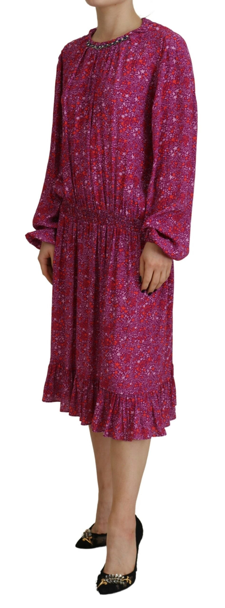 Dsquared² Fuchsia Sterne verschönertes Kleid mit langen Ärmeln