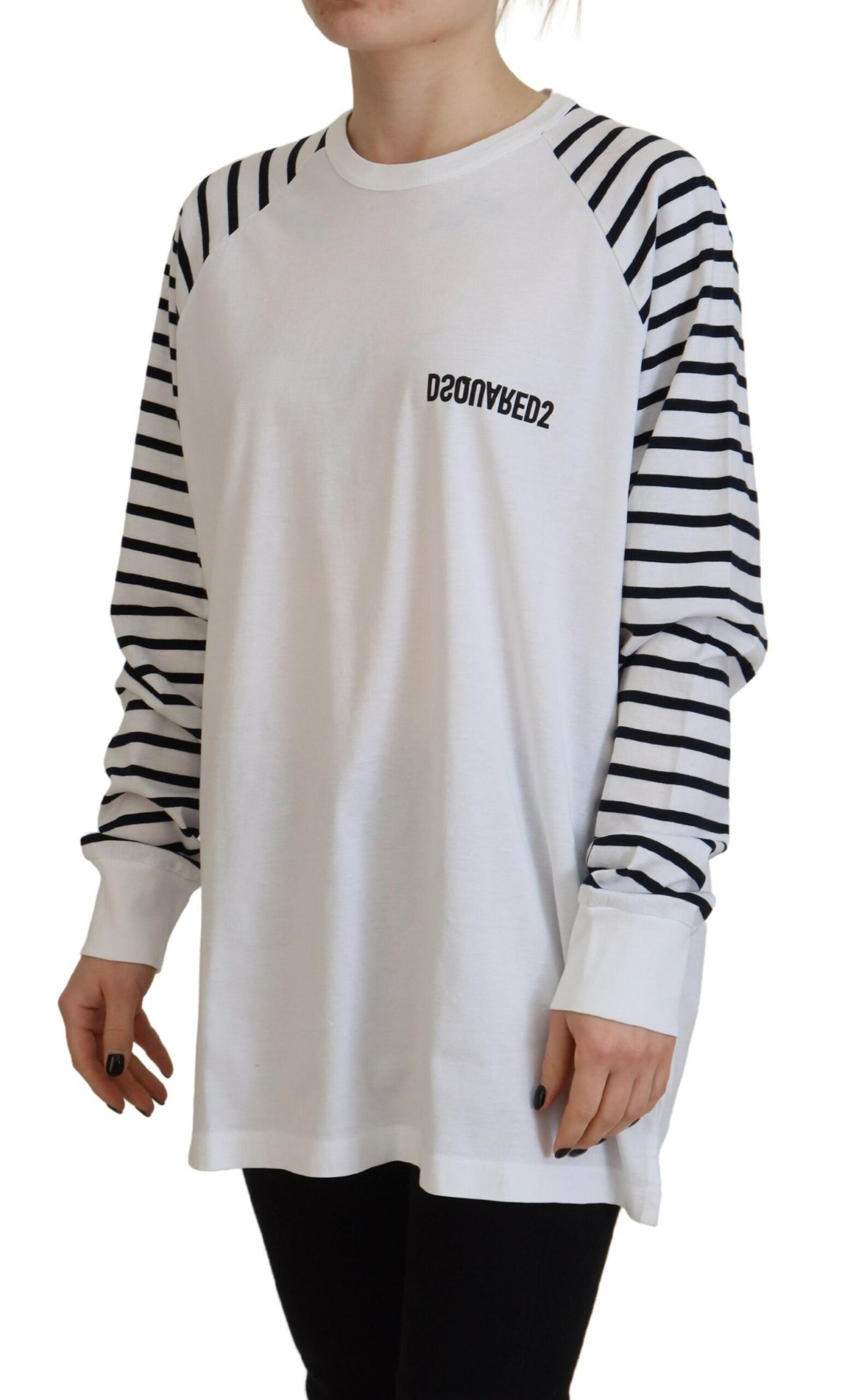 Dsquared² Weißer gestreifter Baumwollpullover mit Rundhalsausschnitt und kurzen Ärmeln