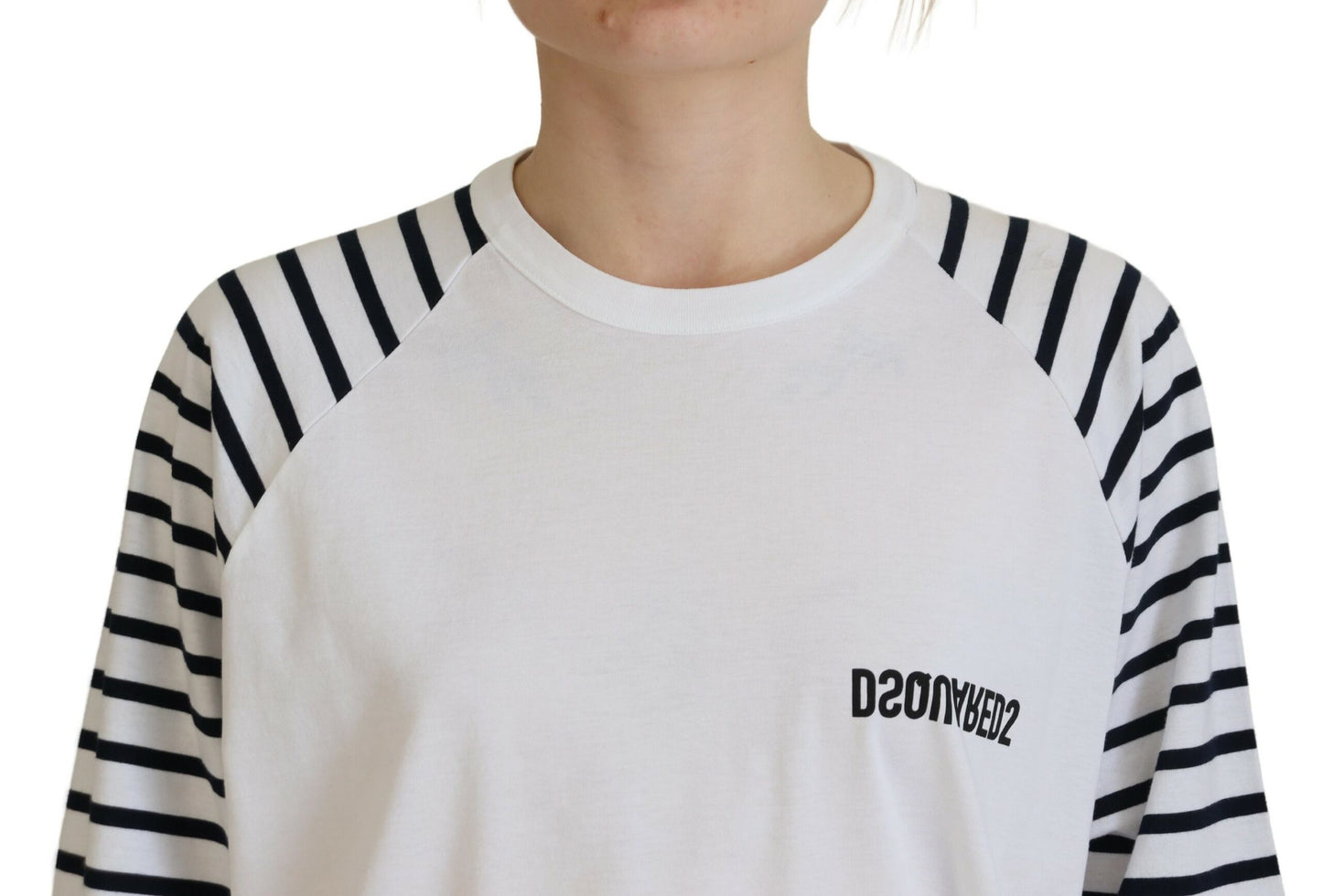 Dsquared² Weißer gestreifter Baumwollpullover mit Rundhalsausschnitt und kurzen Ärmeln