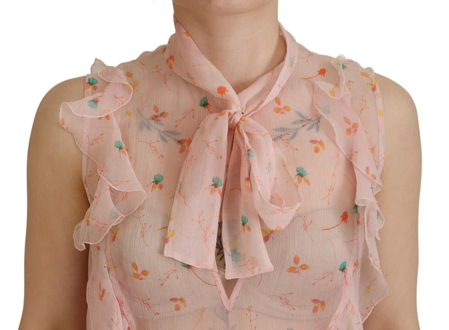Dsquared² Pinkes ärmelloses Seidenoberteil mit Blumenmuster und Ascot-Kragen