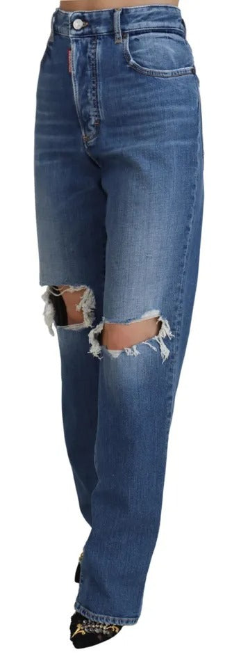 Dsquared² Blaue Straight-Denim-Jeans mit hoher Taille und Verzerrungen