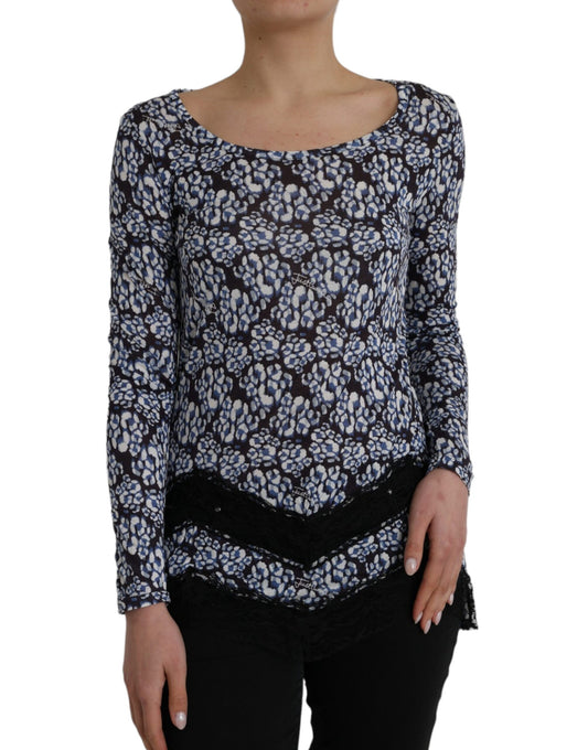 Just Cavalli Blaue florale Spitze mit langen Ärmeln Top Unterwäsche Bluse