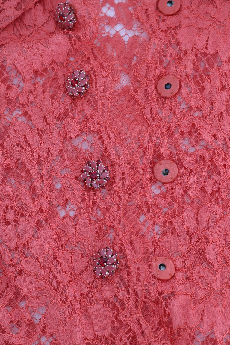 Dolce & Gabbana Orangefarbene Bluse mit Kristallknöpfen und floraler Spitze