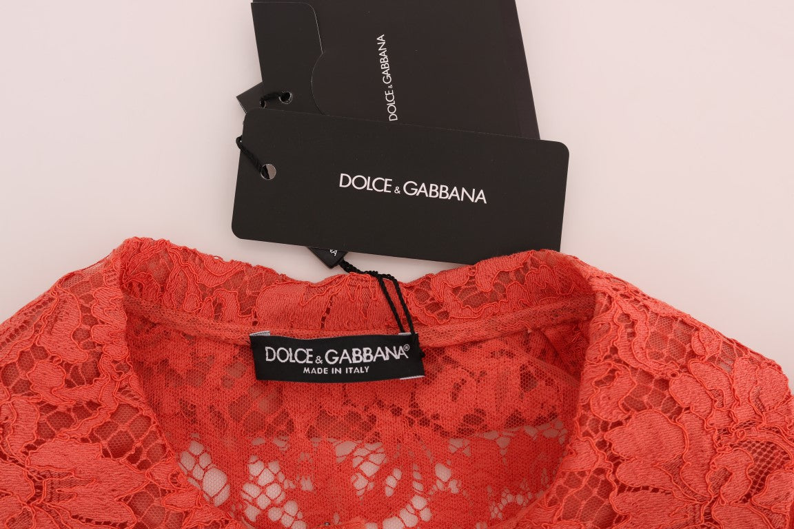 Dolce & Gabbana Orangefarbene Bluse mit Kristallknöpfen und floraler Spitze