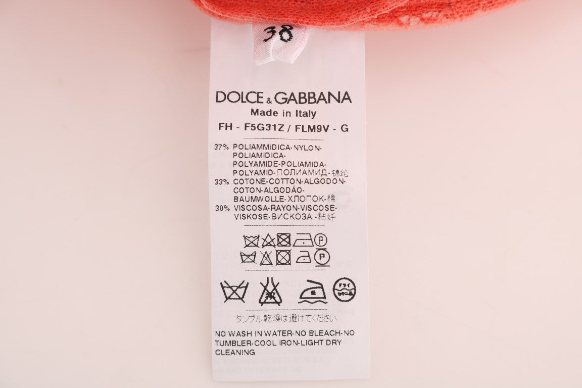 Dolce & Gabbana Orangefarbene Bluse mit Kristallknöpfen und floraler Spitze