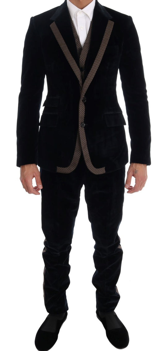 Dolce & Gabbana Blauer Samtanzug mit zwei Knöpfen, schlank, 3-teilig