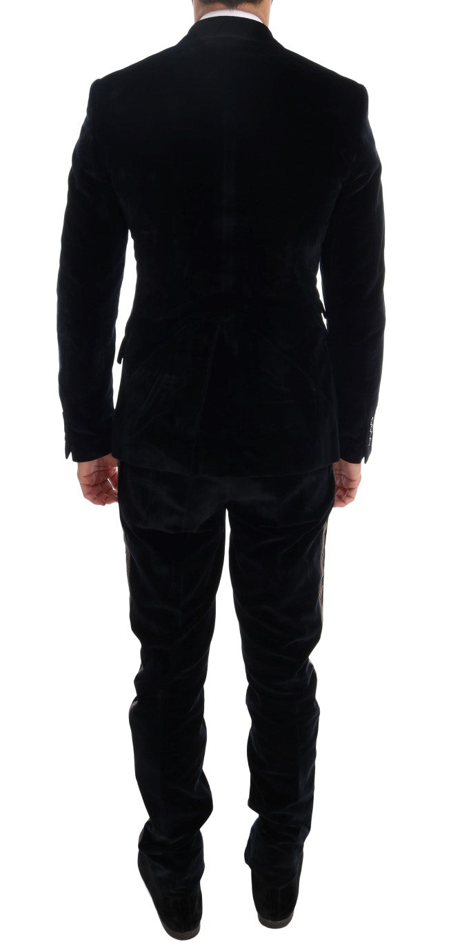 Dolce & Gabbana Blauer Samtanzug mit zwei Knöpfen, schlank, 3-teilig