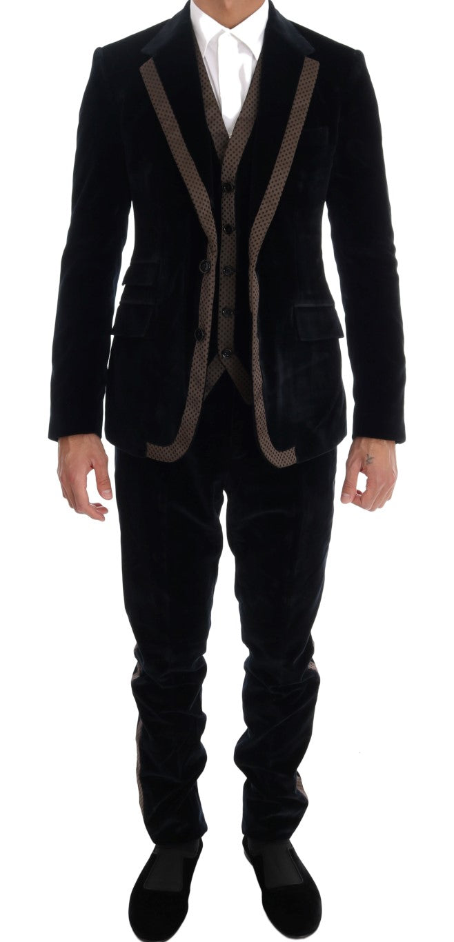 Dolce & Gabbana Blauer Samtanzug mit zwei Knöpfen, schlank, 3-teilig