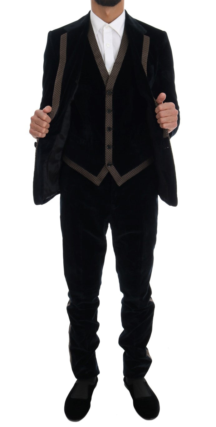 Dolce & Gabbana Blauer Samtanzug mit zwei Knöpfen, schlank, 3-teilig