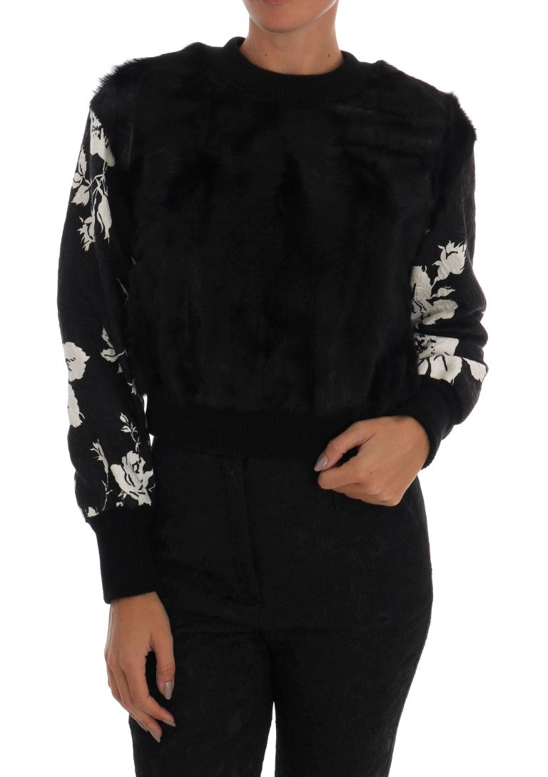 Dolce & Gabbana Schwarzer Pelz Floral Brokat Zipper Pullover