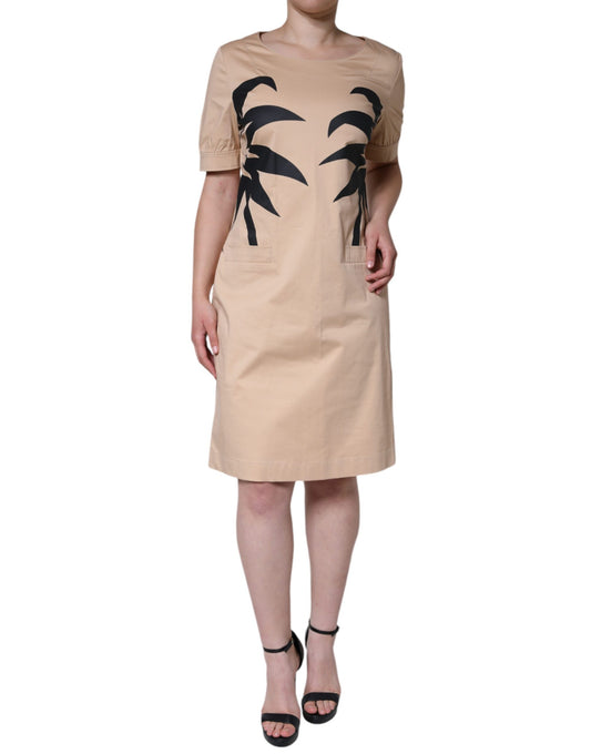 Moschino Beigefarbenes Baumwollkleid mit kurzen Ärmeln und Knielänge