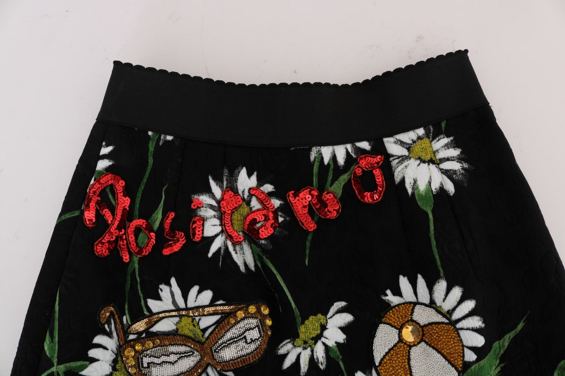 Dolce & Gabbana Schwarzer verzierter Gänseblümchen-Brokat-Rock